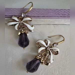 Vintage Inspired Gold Tone and Purple Bow Earrings